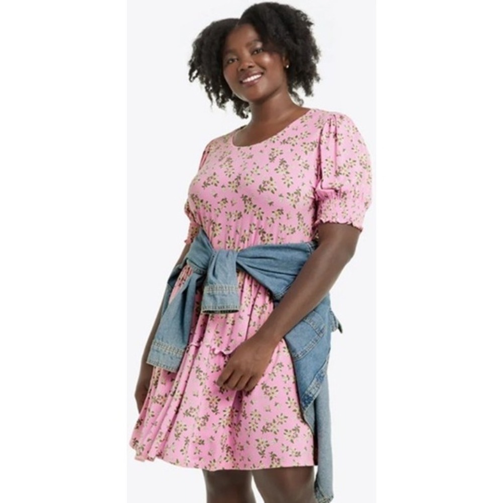Draper James Lee Ann Dress Medium Pink Magnolia Floral Puff Sleeve Coquette